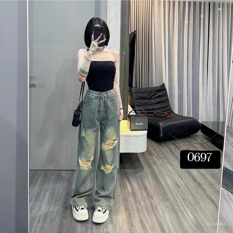 Quần jean Xuông rách 0697 cạp cao,chất vải bò dày mềm cao cấp không co giãn Kem Women