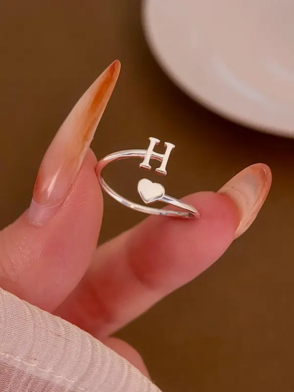 S925 Sterling Silver Simple Initial Letter Design Adjustable Ring, Fashion Accessories for Women & Girls, Trendy All-match & Exquisite Jewelry for Birthday Gift 6