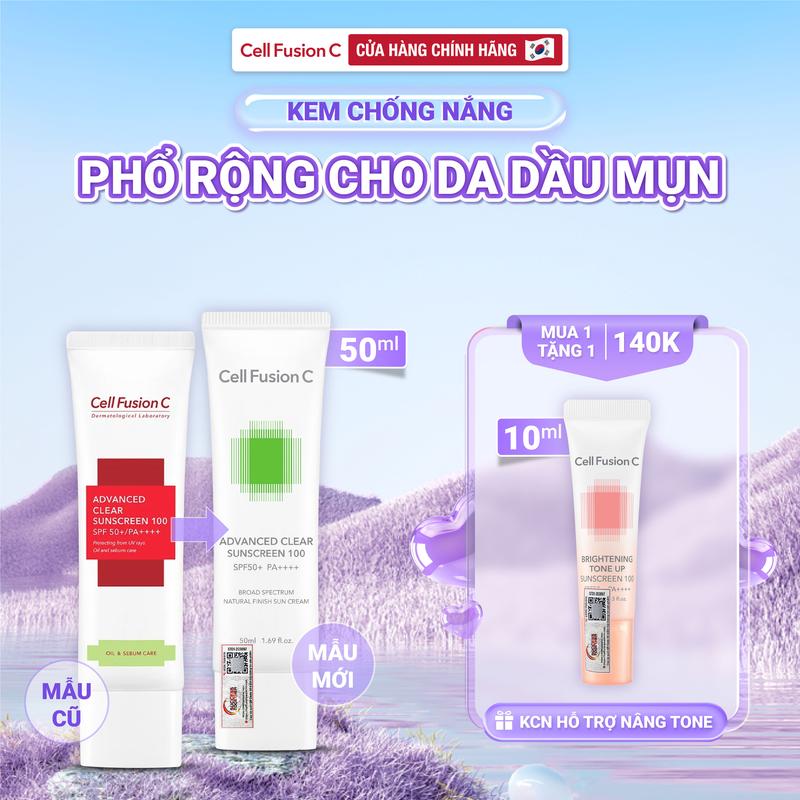 Kem Chống Nắng Phổ Rộng Cho Da Dầu Mụn Cell Fusion C Advanced Clear Sunscreen 100 SPF50+/PA++++ 50ml