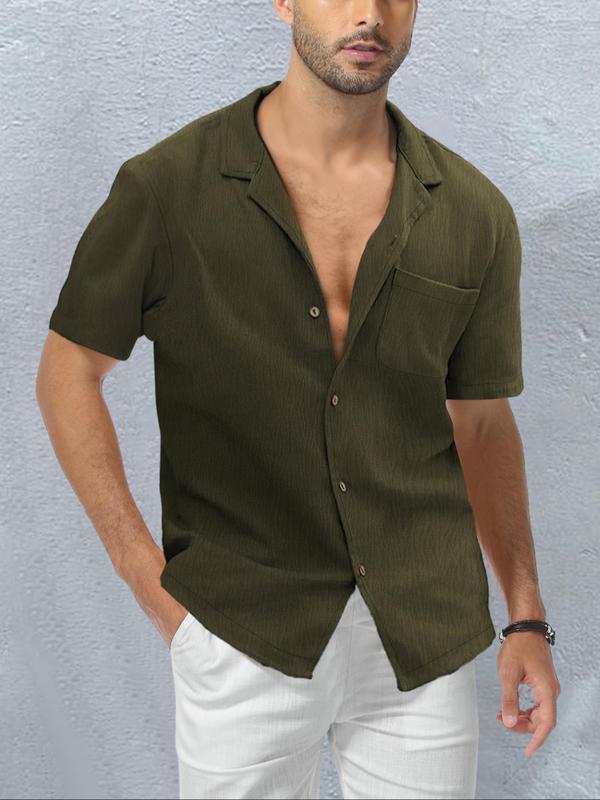 Men's Plain Textured Button Front Pocket Shirt, Regular Fit Casual Fashion Short Sleeve Collared Top for Summer, Men's Clothes for Daily Wear 4