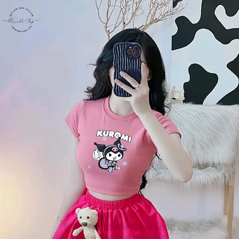 Áo Croptop Borip Ôm Body Nữ Form Basic Cổ Tròn Tay Ngắn In Hình Kuromi02, MLS243, Women Sò Sen Hoa Sen Dáng Ngắn Thun Trắng 7
