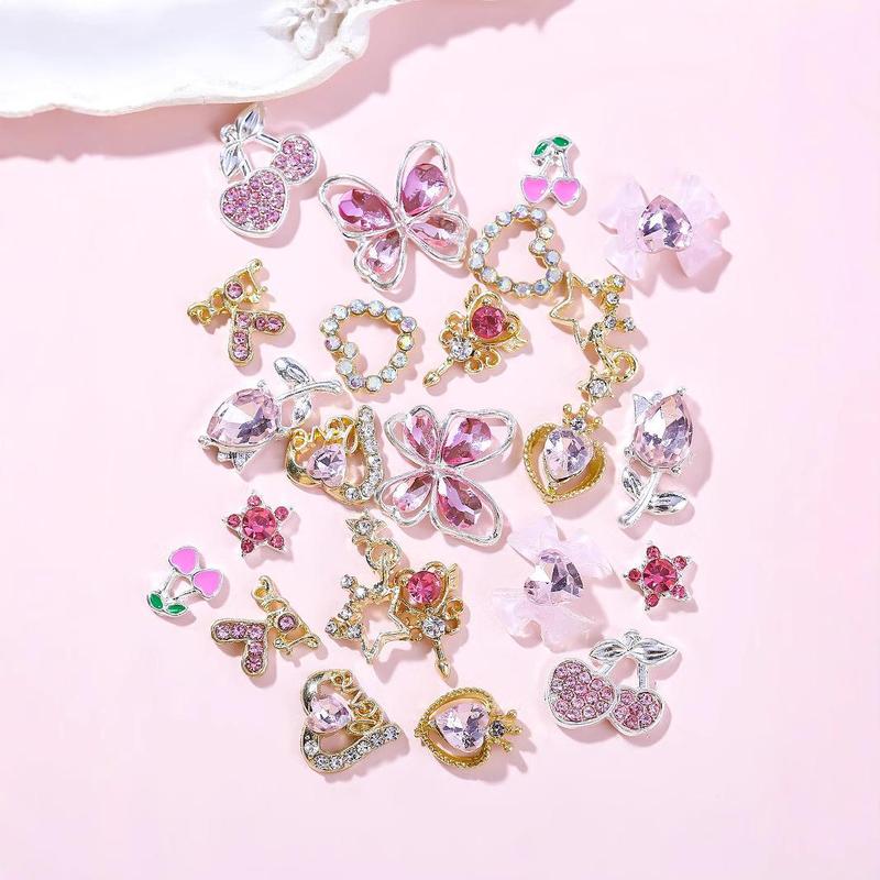 Cute Butterfly & Heart & Cherry & Bowknot Design Nail Art Charms, 24pcs/set Rhinestone Decor Nail Art Decoration, DIY Nail Art Decoration for Women & Girls 2