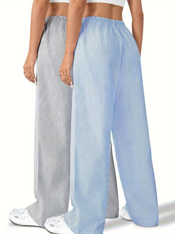 Women's Striped Print Drawstring Waist Straight Leg Pants, Casual Comfy Pocket Design Trousers for Daily Wear, Clothing, Ladies Bottoms for Summer 1