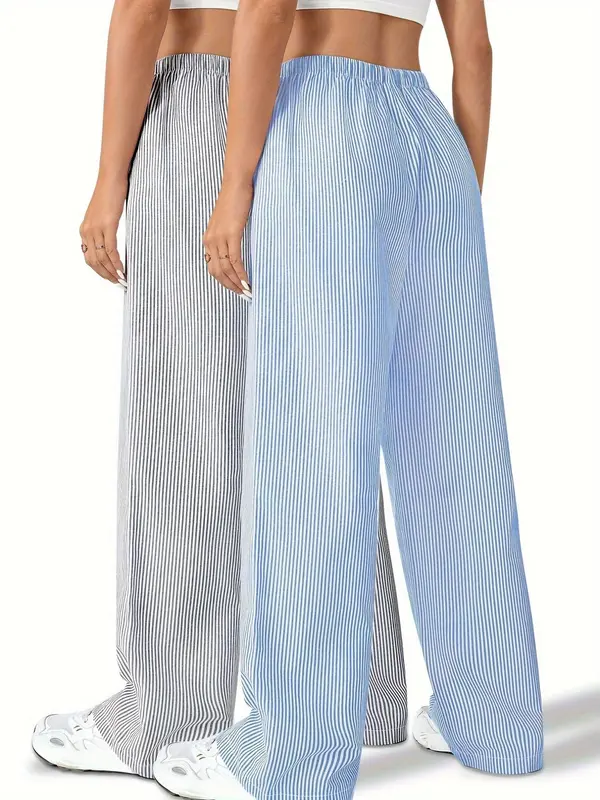 Women's Striped Print Drawstring Waist Straight Leg Pants, Casual Comfy Pocket Design Trousers for Daily Wear, Clothing, Ladies Bottoms for Summer 1