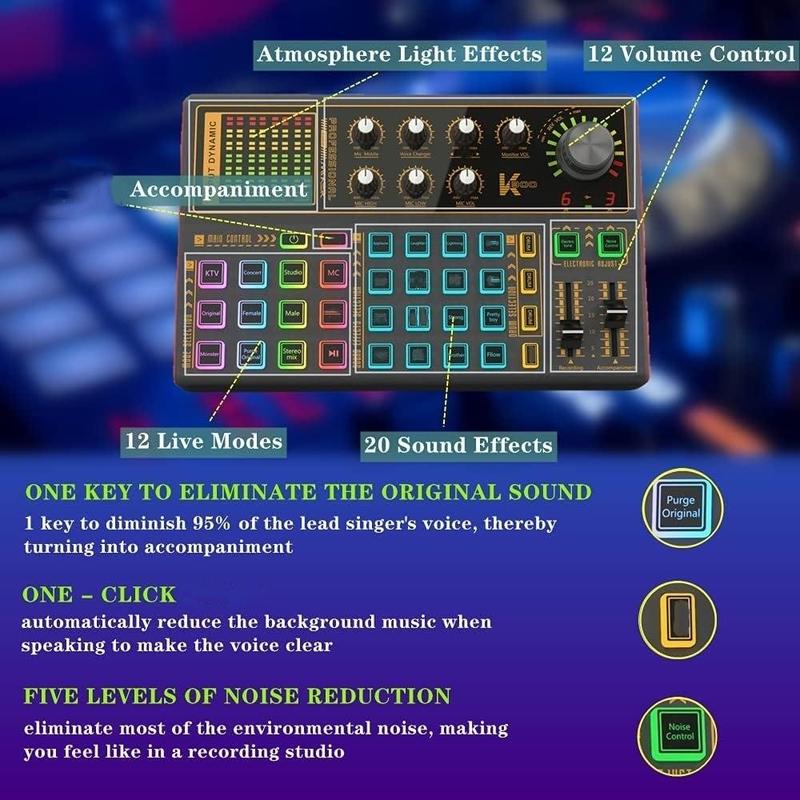 K300 Live Sound Card Audio Mixer, Multifunctional Podcast Audio Interface with DJ Mixer Effects, Voice Changer with Sound Effects for Karaoke Live Streaming Record Gaming, Streaming Accessories 2