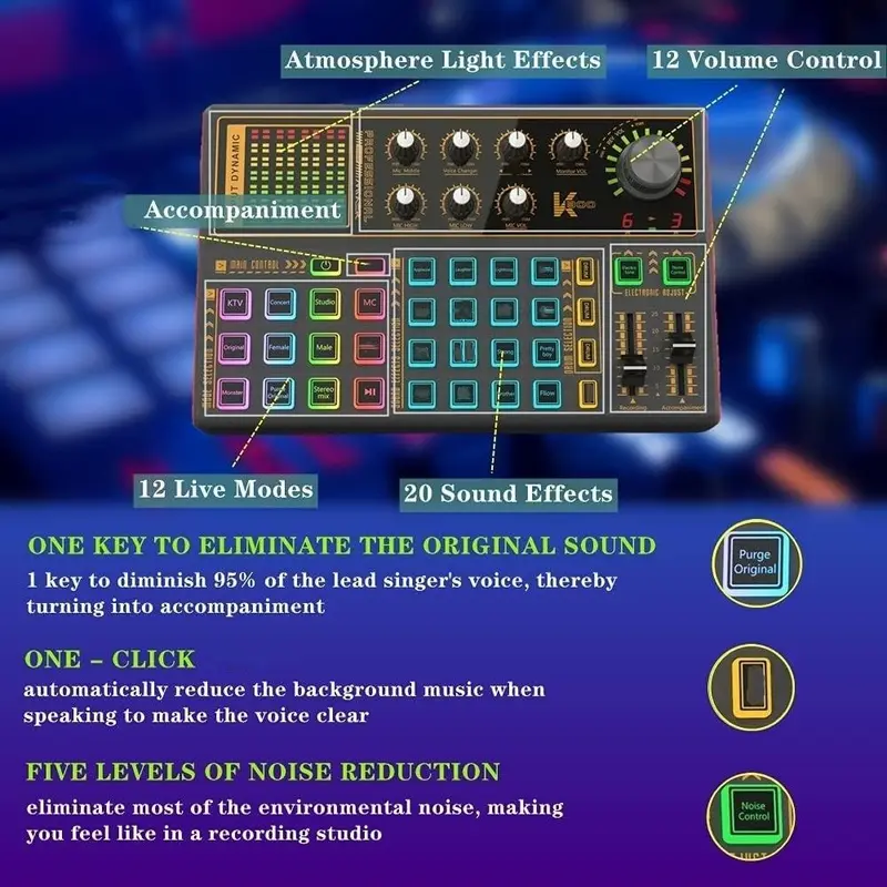 K300 Live Sound Card Audio Mixer, Multifunctional Podcast Audio Interface with DJ Mixer Effects, Voice Changer with Sound Effects for Karaoke Live Streaming Record Gaming, Streaming Accessories 2