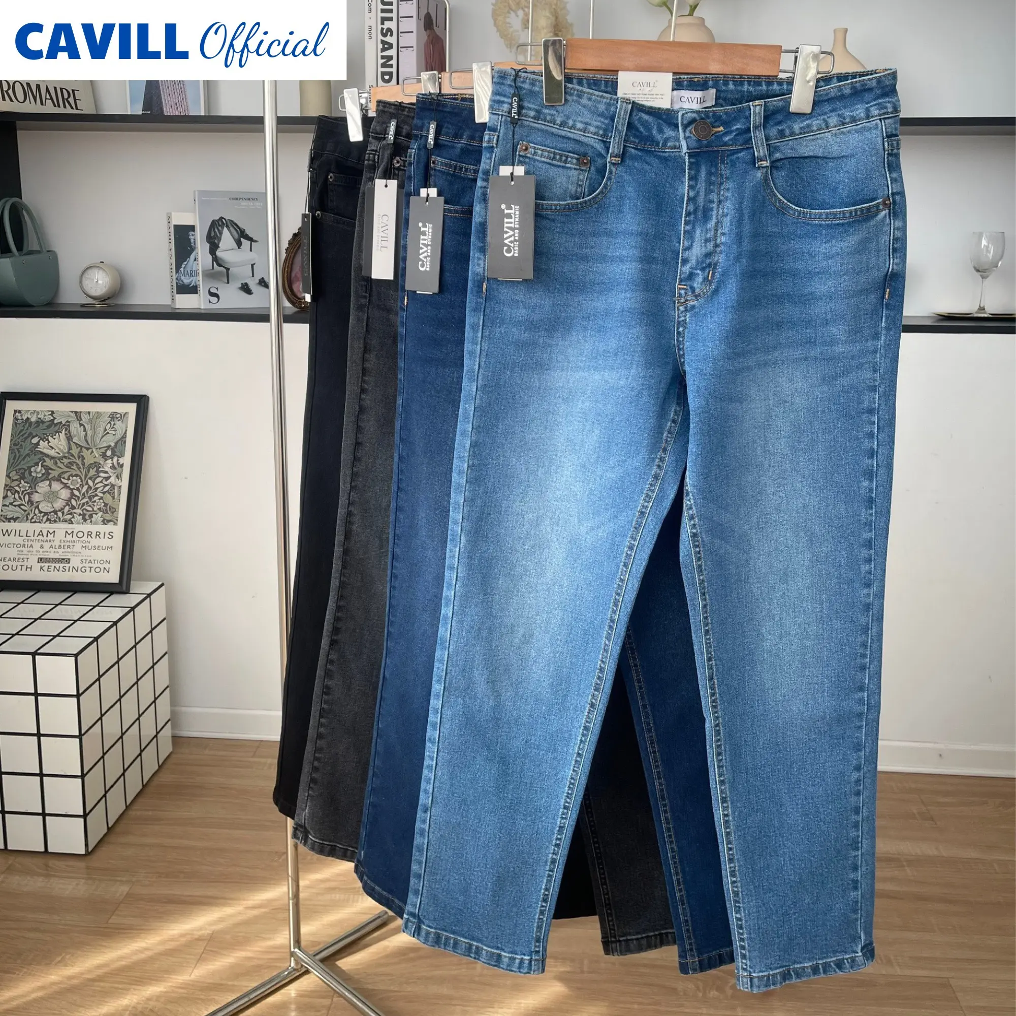 Quần Jean dáng Regular Fit xuất khẩu CAVILL, Co giãn, Không bạc màu, Không xù vải, Dáng năng động, Màu trẻ trung