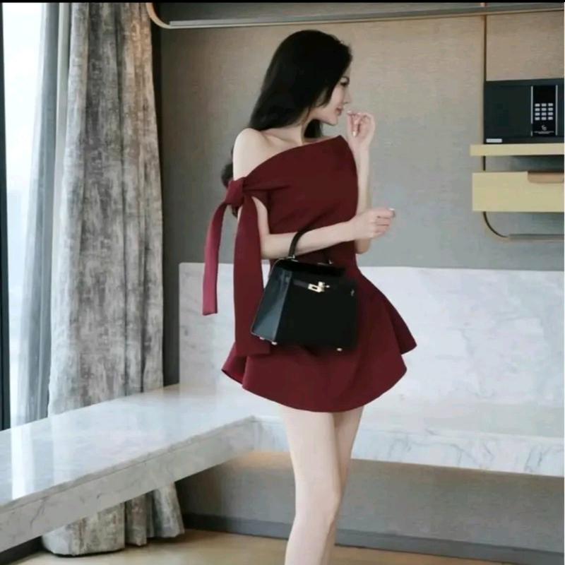 LỆCH VAI buộc nơ 2 lớp lót kèm quần bảo hộ { Kèm tag nơ} Nữ Voi Kem Sen Voan Nhung dam  dam Dress Women Đỏ váy  mã   cách váy  dự  tiệc  đám  cưới  dài  tay váy o váy \ đi chân