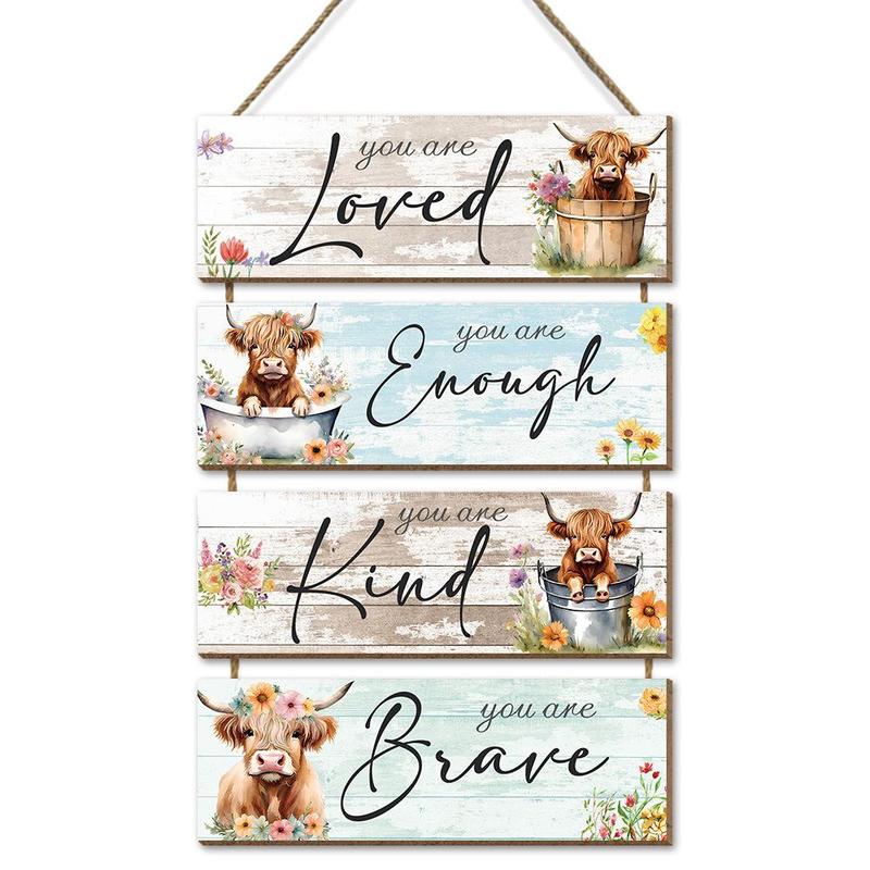 Product Introduction of Highland Cow & Flower & Letter Pattern Wooden Sign, 4 Counts/set Farmhouse Themed Wall Hanging Ornament, Wall Decor for Home Living Room Bedroom Kitchen 0