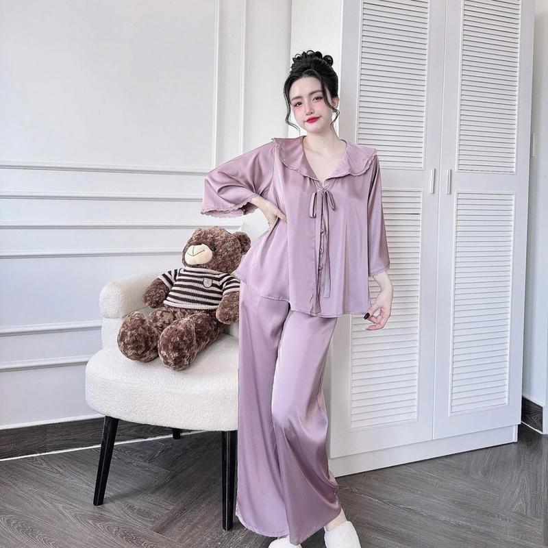 From RỘNG (45-70kg) Bộ Quần Áo Tiểu Thư Quần Dài, Áo Nơ Tay Lững Phối Ren Nữ Women 2