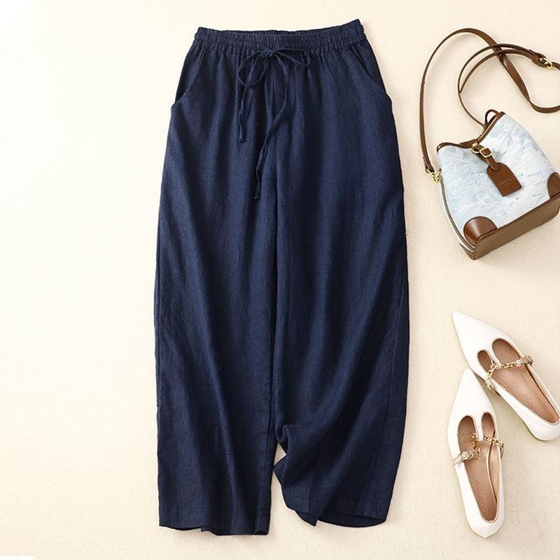 Quần Dài Vải Lanh Cotton, Eo Co Giãn, Phong Cách Cổ Điển Thẳng, Dành Cho Nữ, Thường Ngày, Hàng Mới Về, Quần Cropped 5