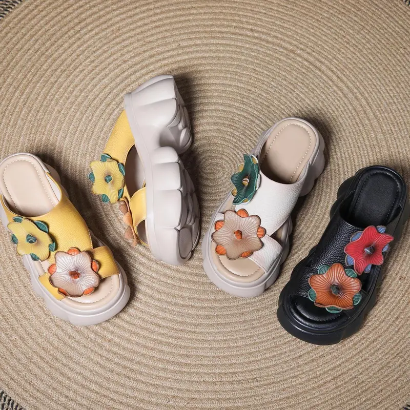 Dép Lê Da, Dành Cho Nữ, Kiểu Nêm Đế, Phong Cách Dân Tộc, Thủ Công, Thiết Kế Hoa, Hàng Mới Về Mùa Hè 2024, Dép Nữ 6