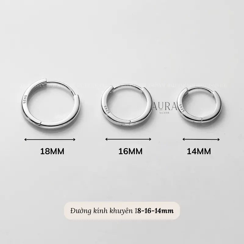 Khuyên tai tròn nam nữ bạc 925, bông tai tròn chốt bấm Hoop size 14-16-18mm-AURA SILVER-KT05 2