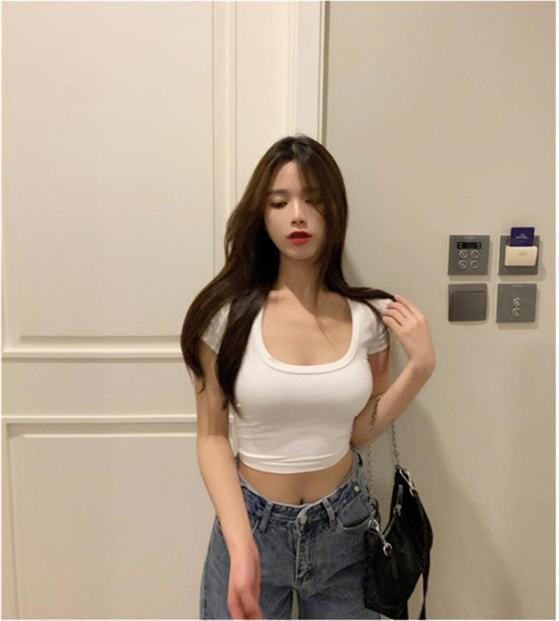 Product Introduction of Women's Korean style fashion sexy large U-neck slim fit short sleeve crop top [6715] 6