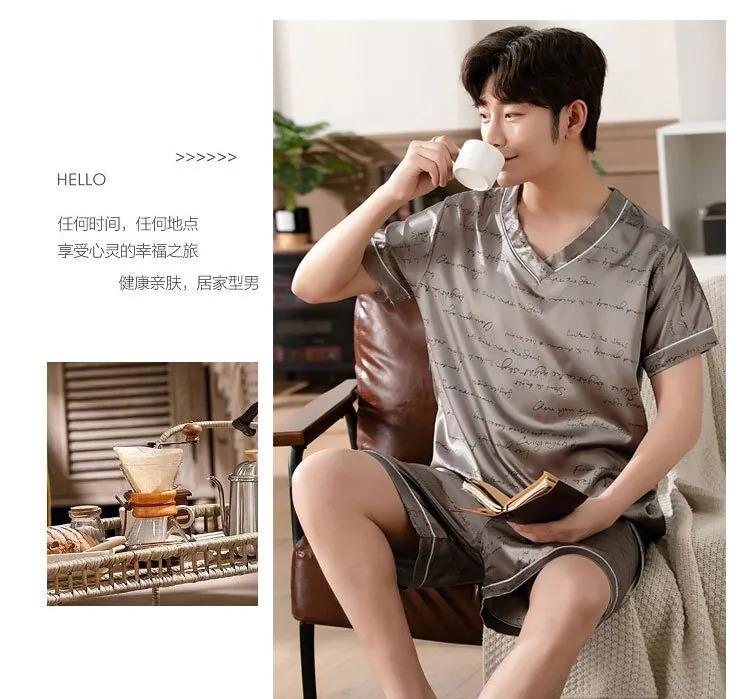 Product Introduction of Men's Pajamas Summer Fashion V-Neck Thin Ice Silk Short-Sleeved Shorts Nightie Two Piece 2024 New Boys Casual Sleepwear Nightie 24