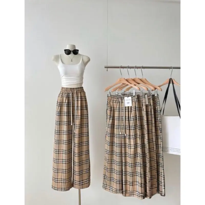 Hottrend Quần bbr xuông kẻ lưng chun cho Nữ Quần ống rộng Top Pants Women Ong