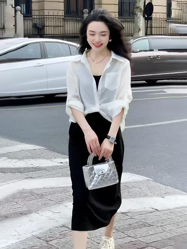 Set Váy 2 Dây Kèm Áo Sơ Mi Ngoài Chất Liệu Cao Cấp Mềm Mịn, Không Bai Nhão, Co Dãn 4 Chiều - T54 2