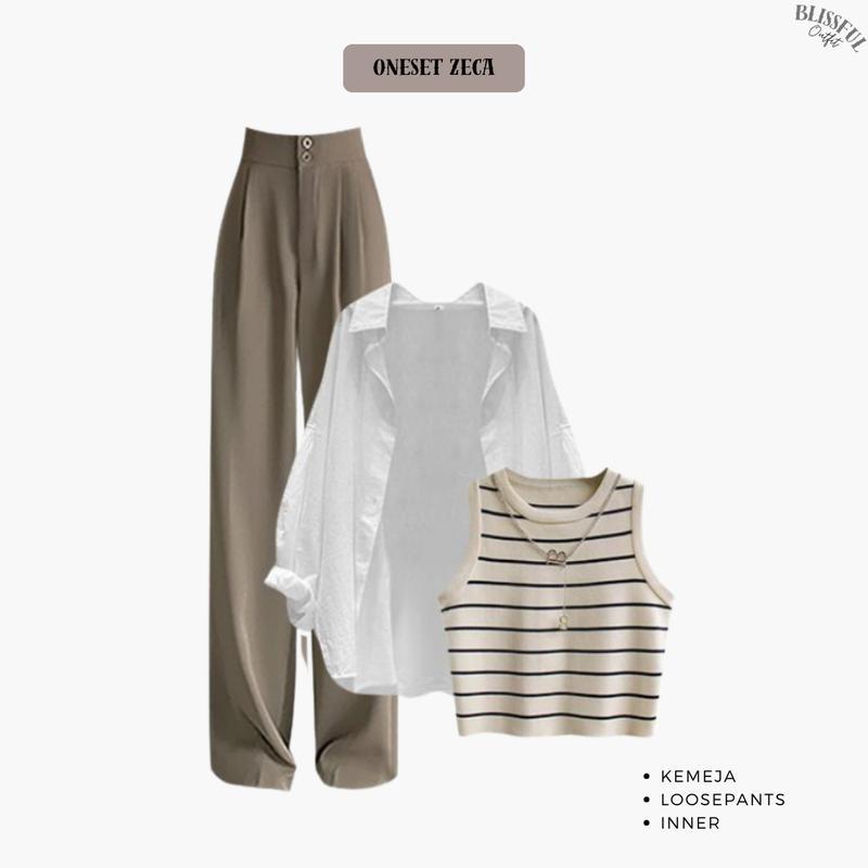 RAMADHAN SALE Zeca Oneset Outfit Wanita, Kemeja Oversize, Inner Top Wanita, Celana Kulot Wanita, OOTD Korean Baju Katun Loose Panjang 6