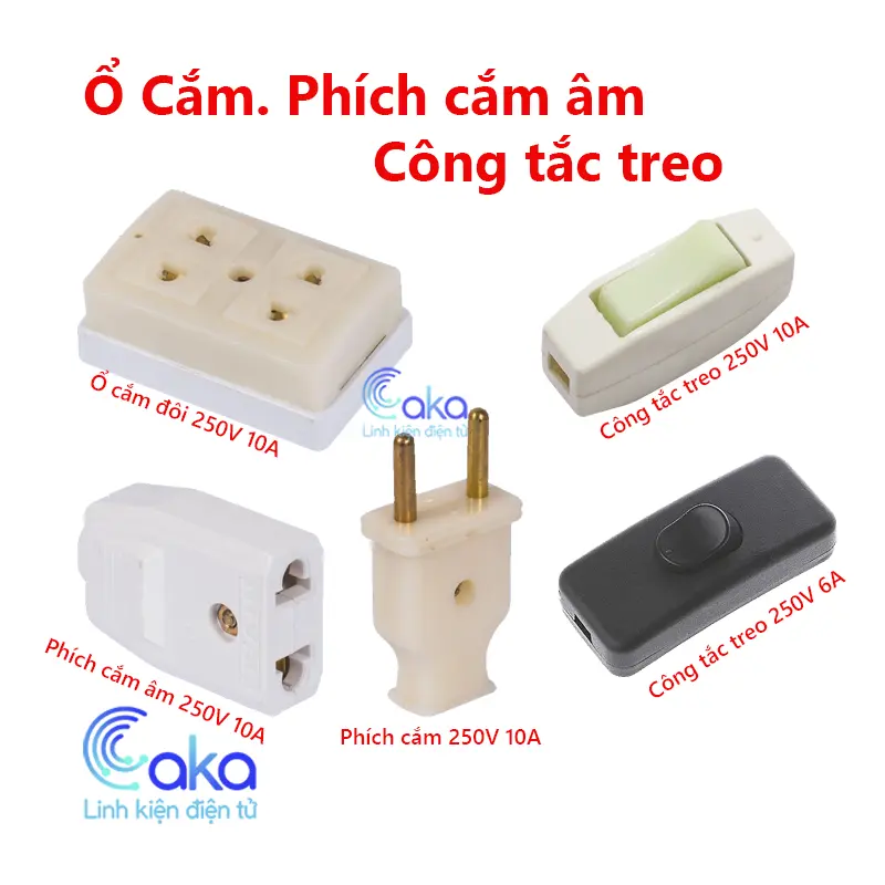 ổ cắm điện 2 lỗ, Phích cắm âm, công tắc treo, phích cắm cái, Phíc cắm 2 chân đồng 250V