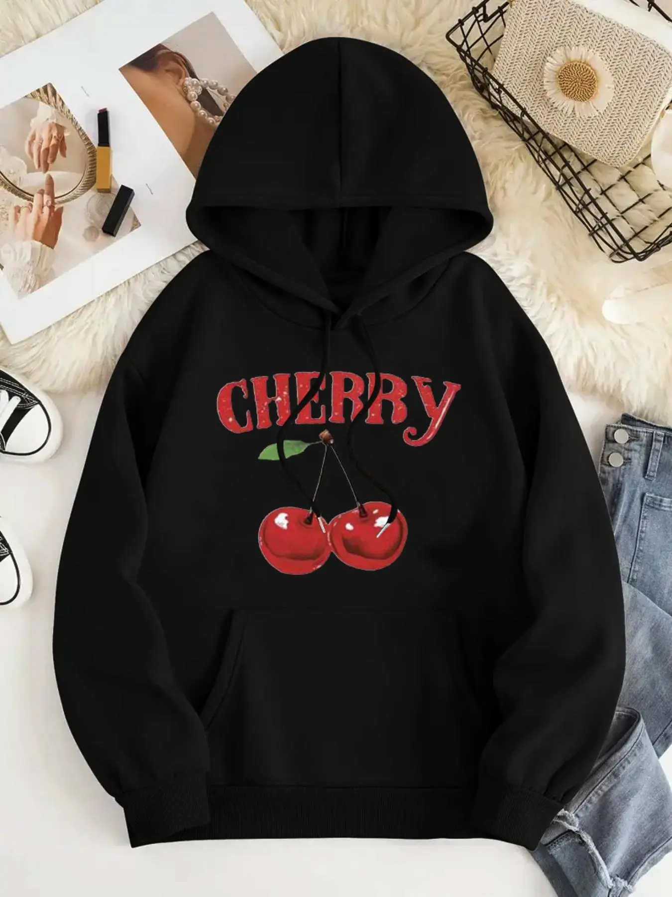 Women's Cherry Print Drop Shoulder Hoodie, Fashion Casual Drawstring Pocket Hooded Sweatshirt for Daily Holiday Outdoor Wear, Women Clothing for Fall & Winter