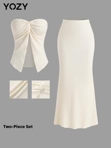 YOZY Women's Solid Ribbed Tube Top & Bodycon Skirt Two-piece Set, Casual Fashion Cozy Two Piece Outfits for Daily Outdoor Wear, Ladies Clothes for Summer