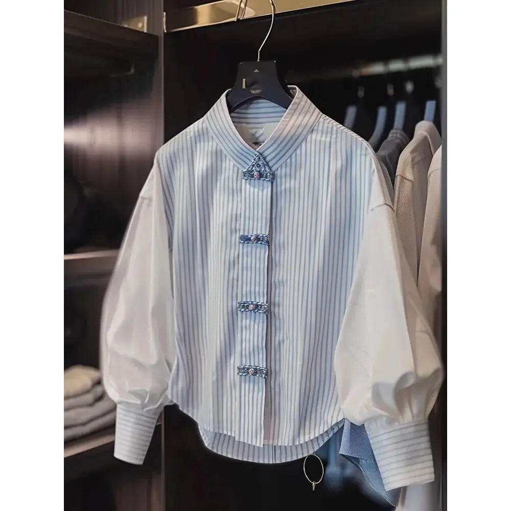 FADFAD Atasan Kemeja Wanita Lengan Panjang Motif Garis Gaya Baju China Untuk Wanita