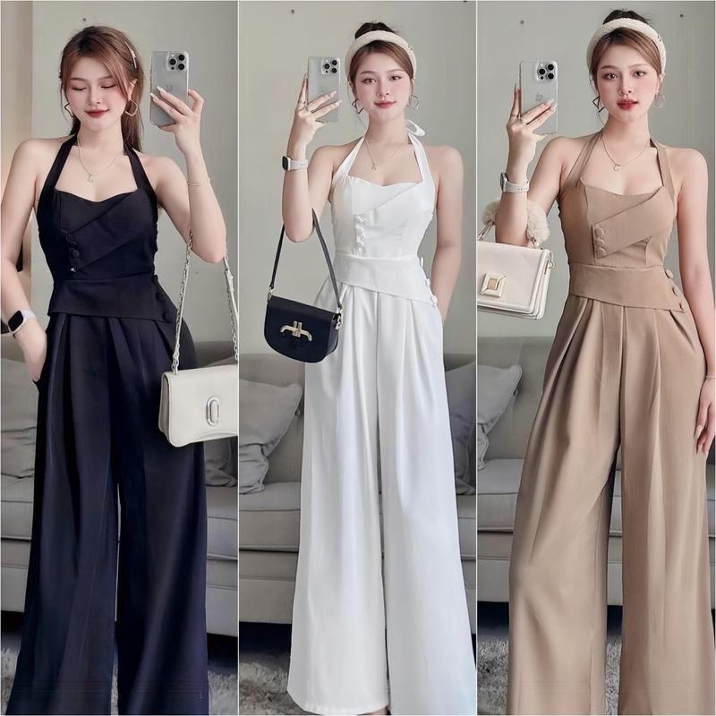 Set jum nữ áo cổ yếm dính nút có mút mix quần ống suông tôn dáng xinh xắn sang chảnh dành cho các nàng đi chơi,đi tiệc.women top