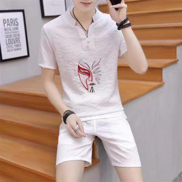 Product Introduction of Bộ Đồ Thường Ngày Cho Nam, Mỏng Mùa Hè, Thêu Phong Cách Trung Quốc, Áo Phông Cổ Chữ V Hợp Xu hướng Quần Đùi ngắn Tay Bộ Đồ Hai Mảnh, Đẹp Trai, Bộ Đồ Nam 1