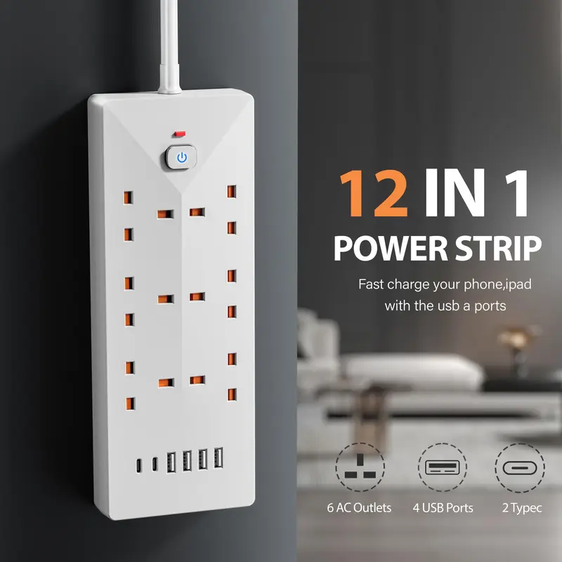 Power Strip Outlets, 6-AC Socket Switch Extender Surge Protector, Power Strip with 4 USB Charging Ports, Power Strip Outlets for Home, Office, Best Gifts for Men, Modern, Plug, Black 6