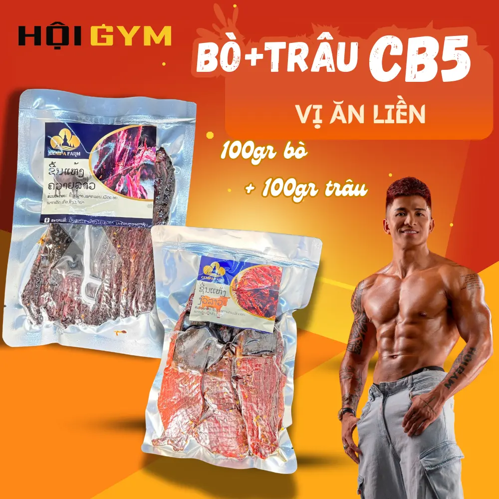 200G [ Hội Gym 88 ] - Trâu Gác Bếp Lào 100g  + Bò Gác Bếp Lào 100g - Hương Vị Chuẩn Lào 100% Thịt Trâu, Bò Tươi, Vị ăn liền +KÈM CHẲM CHÉO