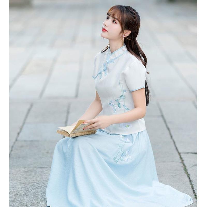 Bộ Đồ Hai Mảnh Bằng Vải Bông, Phong Cách Trung Quốc Cộng Hòa, Quần Áo Nữ, Thiết Kế Khóa Cổ Điển Chất Liệu Vải Bông Và Vải Lanh, Thêu, ngắn Tay, Thích Hợp Cho Nghệ Thuật Trà, Bộ Đồ Sườn Xám Cải Tiến 0