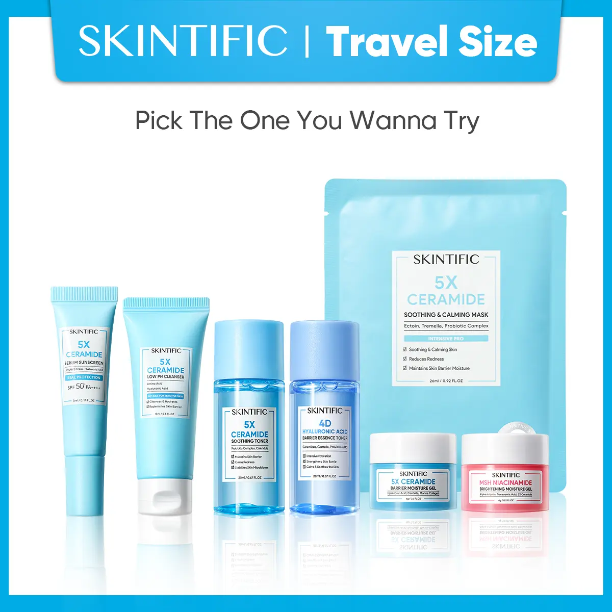 [Travel Size] SKINTIFIC Skin care 5x Ceramide Moisturizers & 4D Soothing Toner&Glowing Moisturizer Day & Night Cream Moisture Gel & Low pH Cleanser FDA Approved Gentle Cleanser & Sunscreen Serum 5ml SPF 50