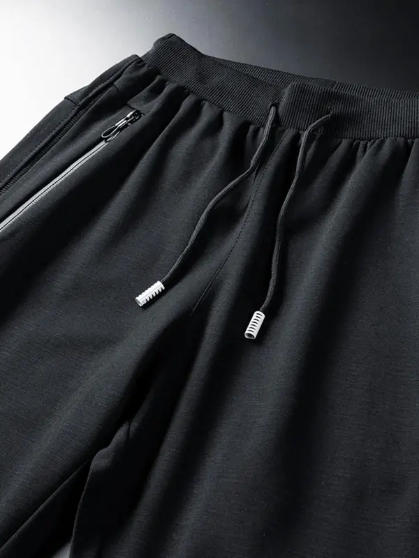 Men's Solid Pocket Drawstring Waist Black Pants, Casual Comfy Regular Fit Plain Trousers For Spring & Fall, Men's Bottoms For Daily Wear Outdoor Workout Exercise, Comfort Basic Menswear 2