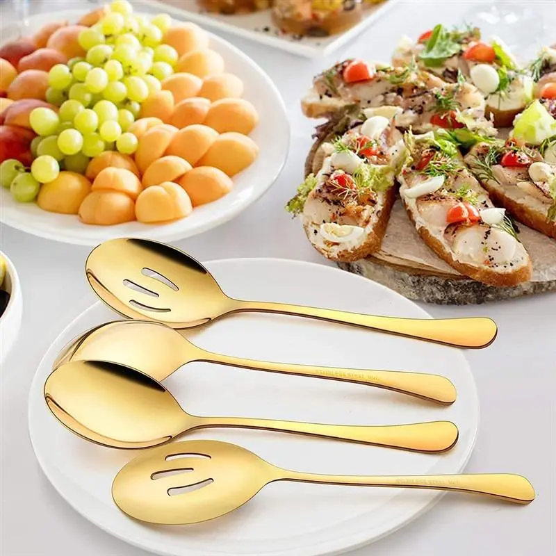 Stainless Steel Spoon Set, 6 Counts/set Including 3 Serving Spoons & 3 Slotted Spoons, Modern Mirror Polished Spoons, Tableware for Kitchen Party Holiday Gathering