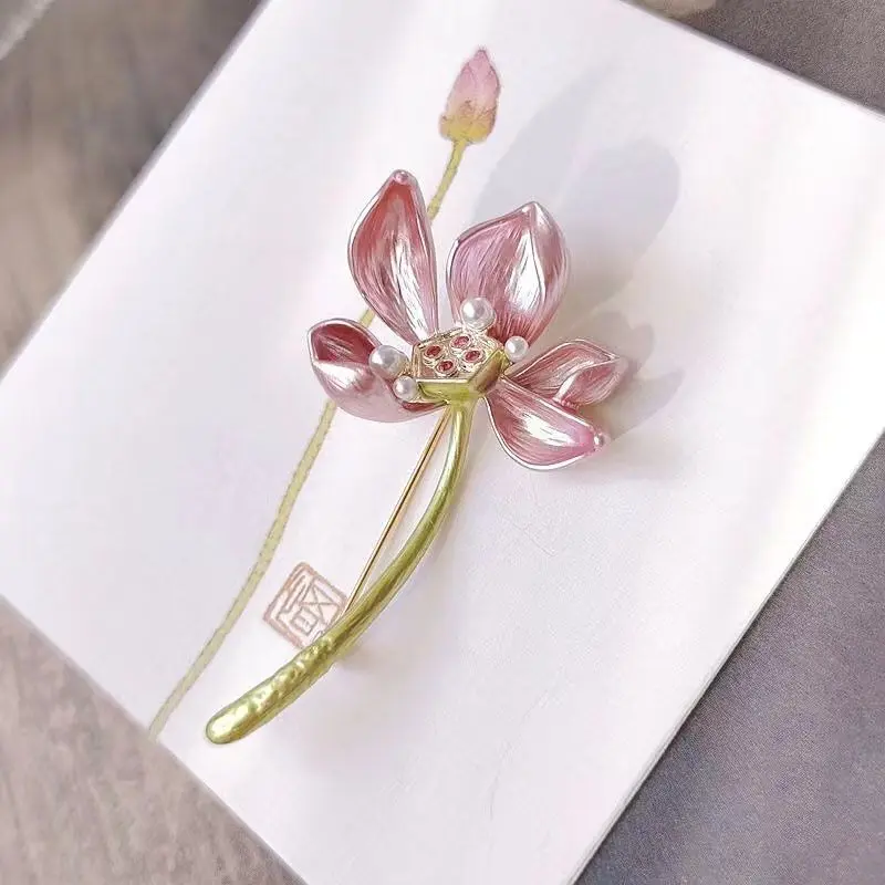Trâm Cài Hoa Sen, Thiết Kế Hoa Sen Xanh, Chất Liệu Zircon, Thích Hợp Cho Áo Len, Phụ Kiện Inverness, Ngọc Trai Giả, Khóa Ghim Cài Áo Hoa Ngực Nữ Women Women
