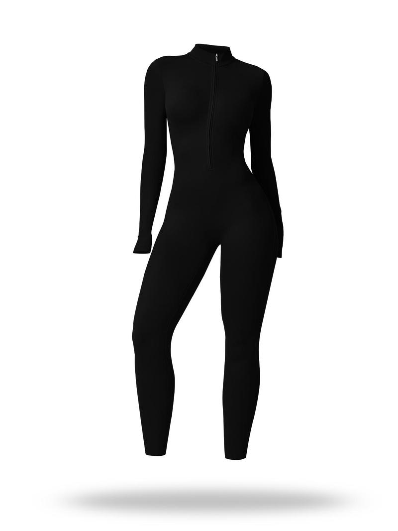 Product Introduction of Sporty Women's Solid Color Half Zip Mock Neck Sports Jumpsuit,  Tummy Control Jumpsuit,  Casual Comfy Breathable Long Sleeve Skinny Jumpsuit for Yoga Gym Workout, Ladies Sportswear for All Seasons 7