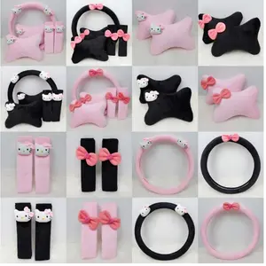 Sarung Cover Stir Setir Mobil Safetybelt Sabuk Bantal Headrest Full Set Hello Kitty HK n RIBBON