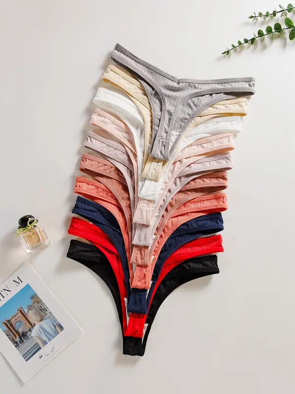 Women's Solid Drop Waist Thong, Intimate Products, Bridal Panties Set, Casual Breathable Comfortable Fit Ribbed Panty, Thongs Underwear Sets, Ladies Underwear for All Seasons, Womenswear 1