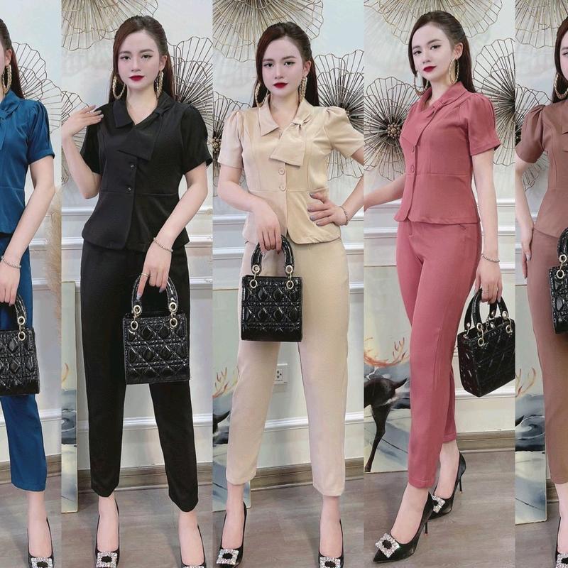 Bộ công sở màu nâu tay ngắn trượt hàn quốc, chất liệu vải loại một cho nữ - Áo, kiểu vét cổ nơ 8