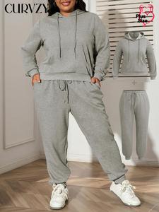 CURVZY Plus Size Autumn Aesthetic Two-Piece Set Solid Drawstring Hoodie & Sweatpants Set, Casual Long Sleeve Hooded Sweatshirt & Pocket Jogger Pants, Women's Fall Clothes for Daily Wear