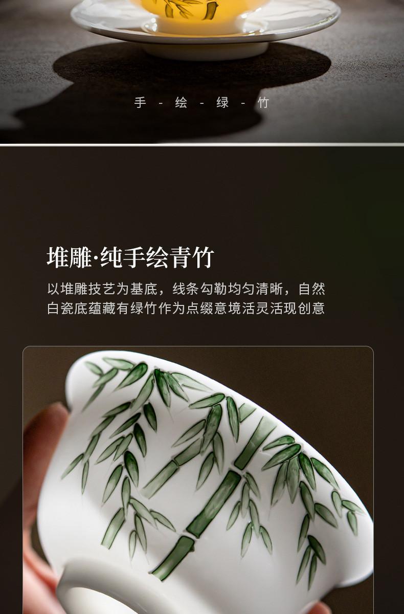 Product Introduction of Dehua White Porcelain Suet Jade Sancai Cover Bowl Teacup Stacking Carving Pure Hand-painted Green Bamboo Not Hot, High-end Tea Bowl [A926] 2