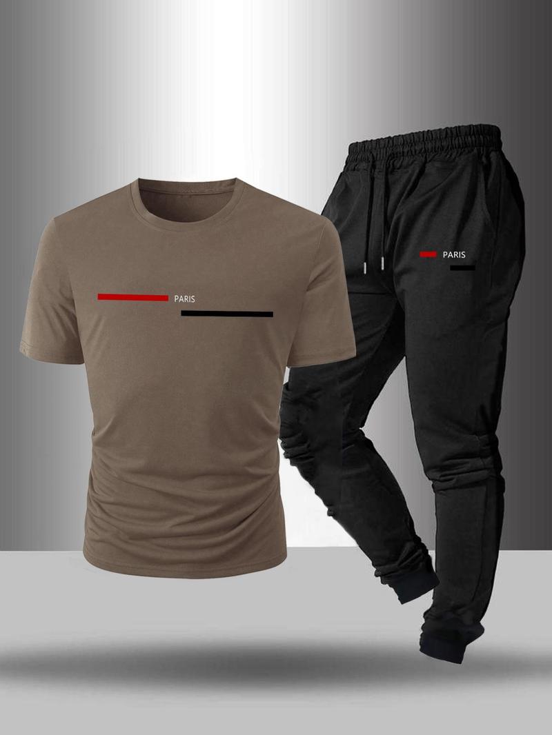 Product Introduction of Men's Letter Print Tee & Drawstring Waist Pants Two-piece Set, Regular Fit Round Neck Short Sleeve T-shirt & Trousers, Casual Clothes for Summer 2
