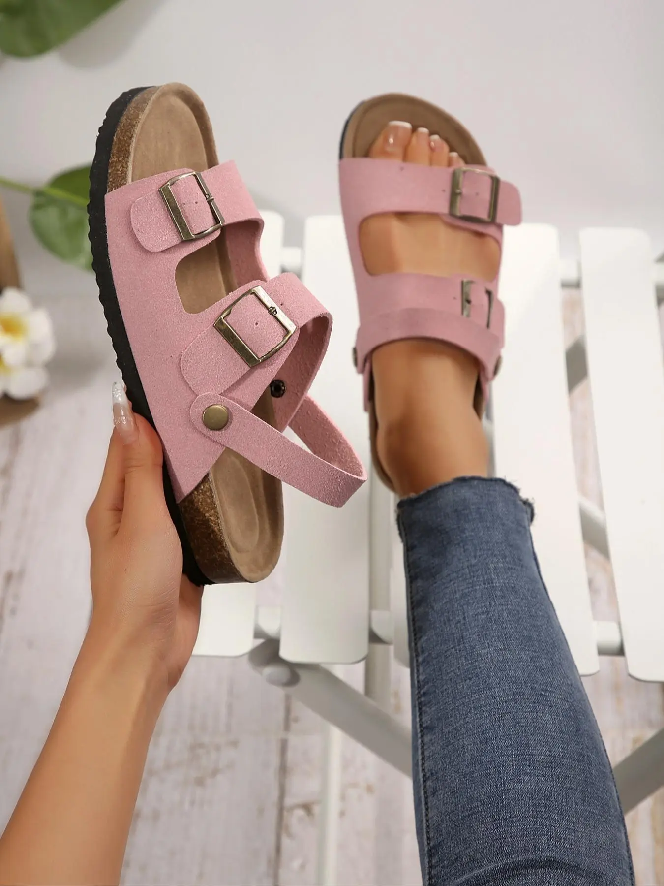 Women's Fashionable Plain Color Buckle Decorated Sandals, Casual Comfortable Flat Sandals for Summer, Lightweight Breathable Shoes for Daily Wear, Girl