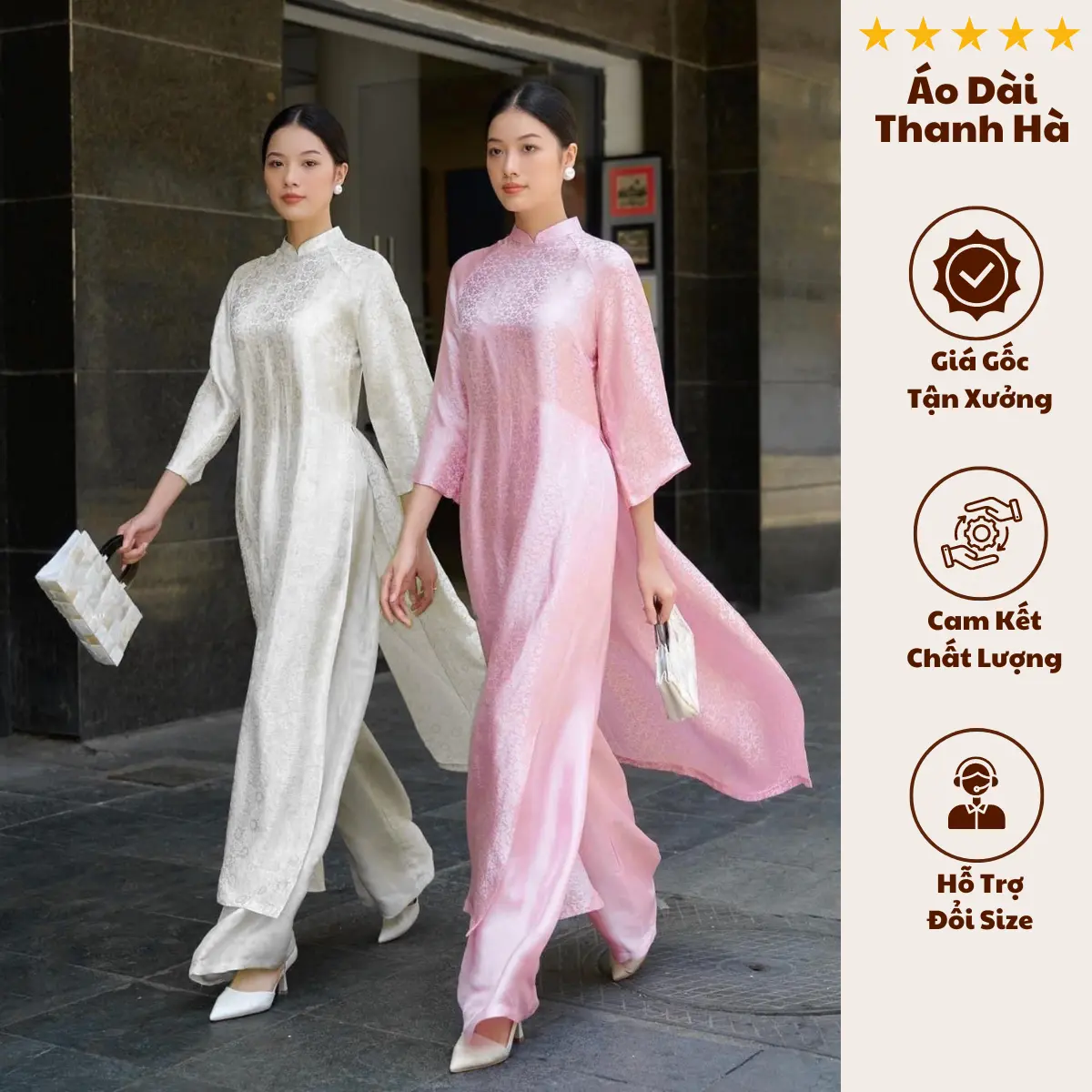Áo Dài Cách Tân Dáng Xuông, Màu Trắng Sáng, Chất Gấm Tơ, Sang Trọng Dress Nữ Women aodai  truyenthong