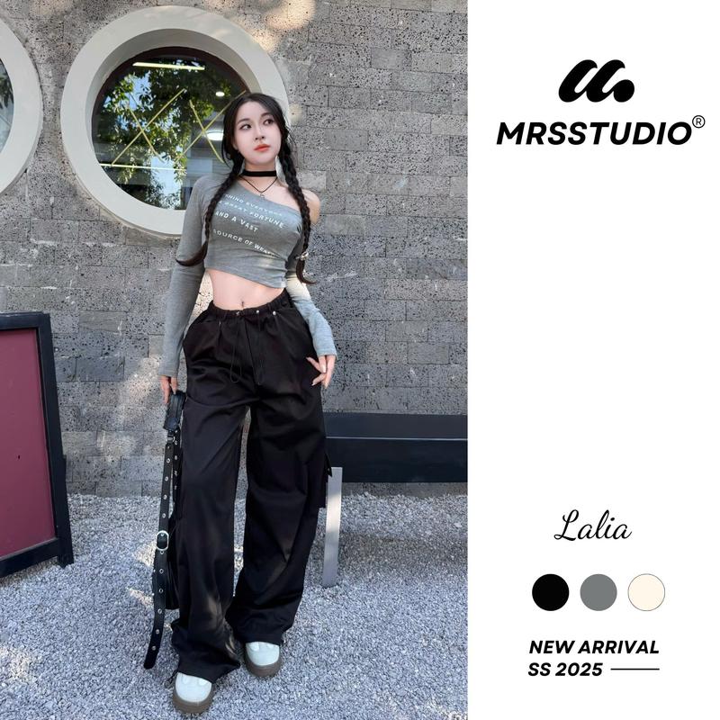  MRSSTUDIO - Quần ống rộng túi hộp nữ MRS chất gió giãn dây rút eo MRQ127G Voi Pants 