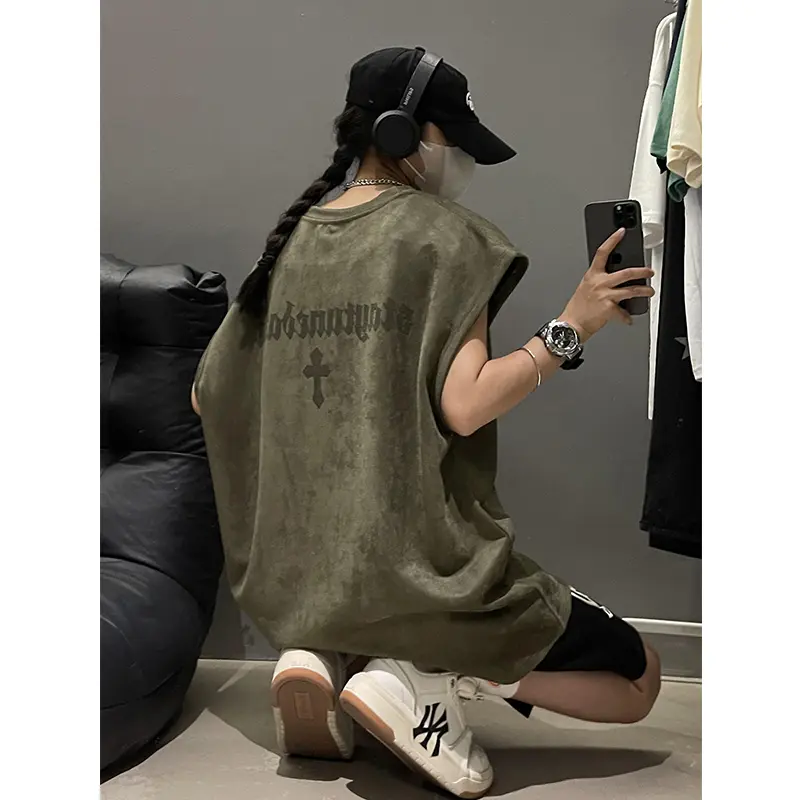 SS24 Army green suede vest men's summer oversize heavy vest sleeveless t-shirt American couple undershirt