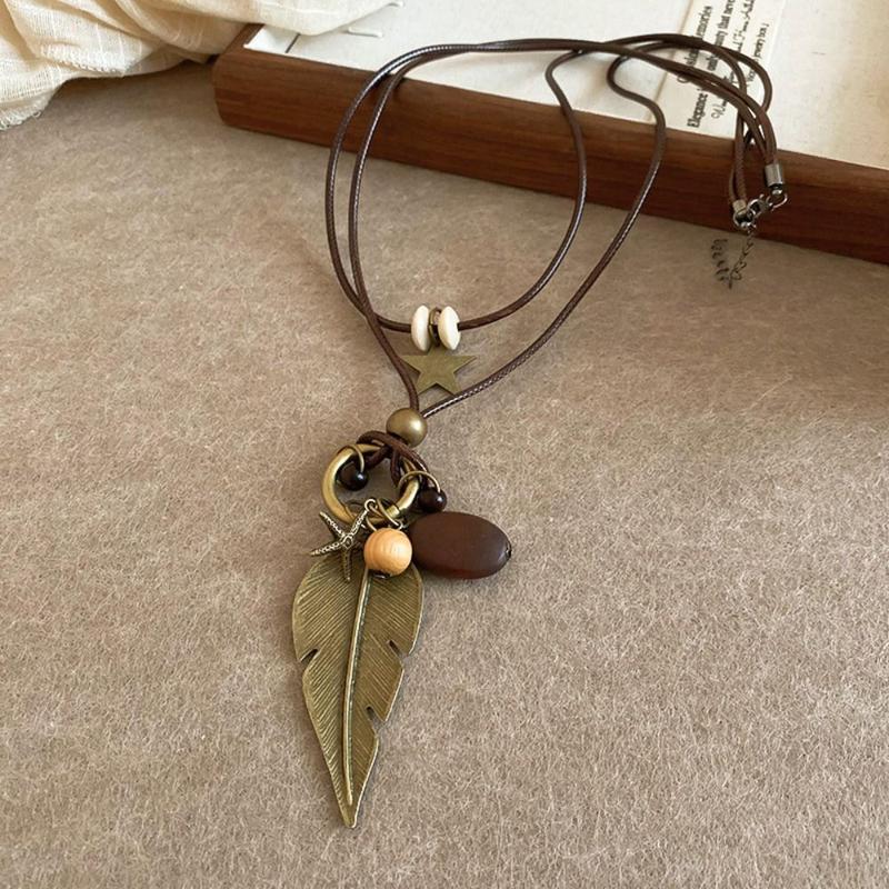 Vòng Cổ Phong Cách Dân Tộc, Tua Rua Cổ Điển, Thiết Kế Gỗ Họa Tiết Phong Cách Bohemian, Choker, Thiết Kế Lá, Làm Bằng Dây Thừng Pu, Dây Chuyền Áo Len Dài, Thích Hợp Cho Bữa Tiệc 1
