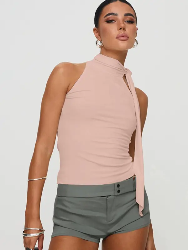 Women's Solid Knot Design Mock Neck Tank Top, Casual Sleeveless Top for Summer, Women's Clothing for Daily Wear 3