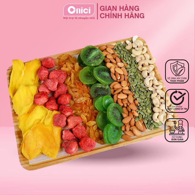 Nguyên liệu làm kẹo nougat và bánh bông tuyết 100gr hạt điều, hạnh nhân, bí xanh, dâu, xoài, nho khô, kiwi sấy Bếp Của Mẹ ONICI- Nguyên liệu làm kẹo hạnh phúc