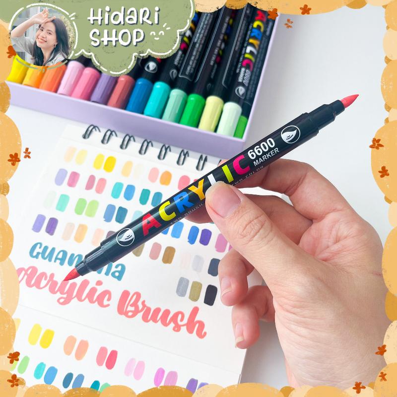 Bút Brush Acrylic Marker 2 Đầu Guangna Có Thể Vẽ Lên Nhiều Chất Liệu - Hidari 60 màu